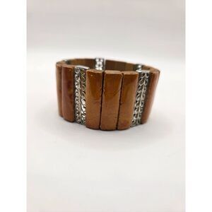 1796.  Vintage Stretch Panel Cuff Bracelet With Wood and Metal Panels